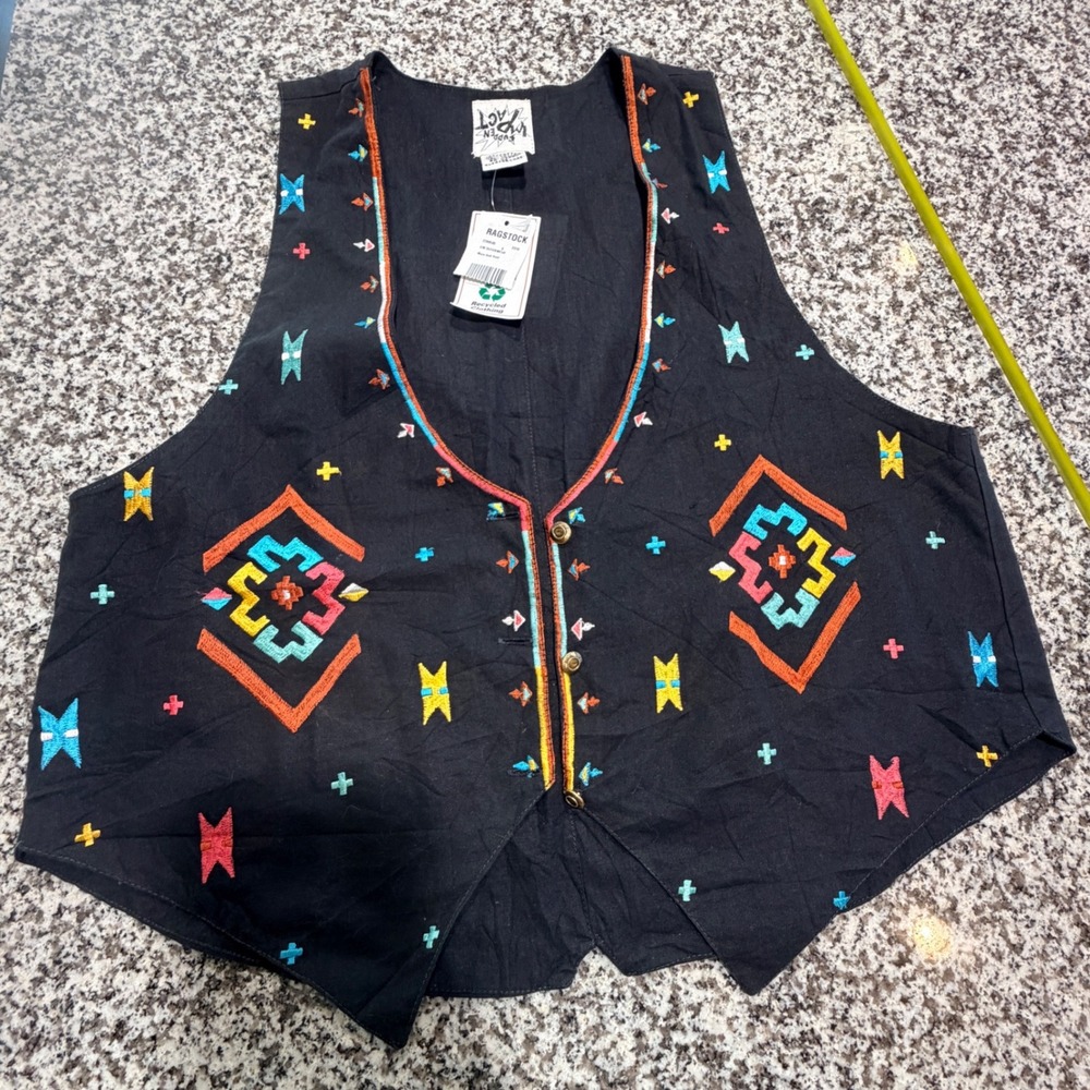 VTG Ragstock Embroidered Waistcoat Vest Womens‎  Black Cotton Boho Indie Fairy